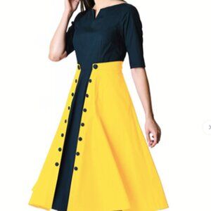 Faux Button front navy and canary yellow cotton dress